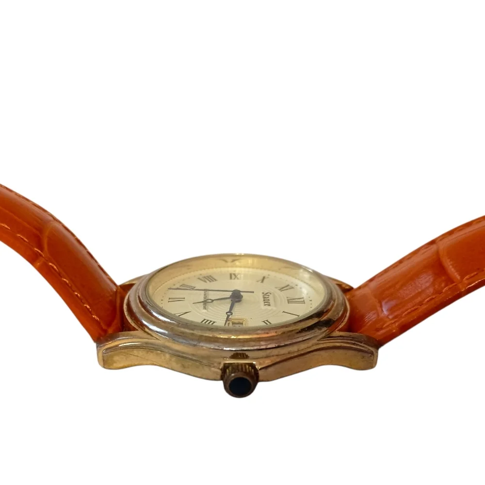 Stauer Metropolitan Watch Mens 39mm Gold Tone Dial Leather Band Date WORKS VIDEO